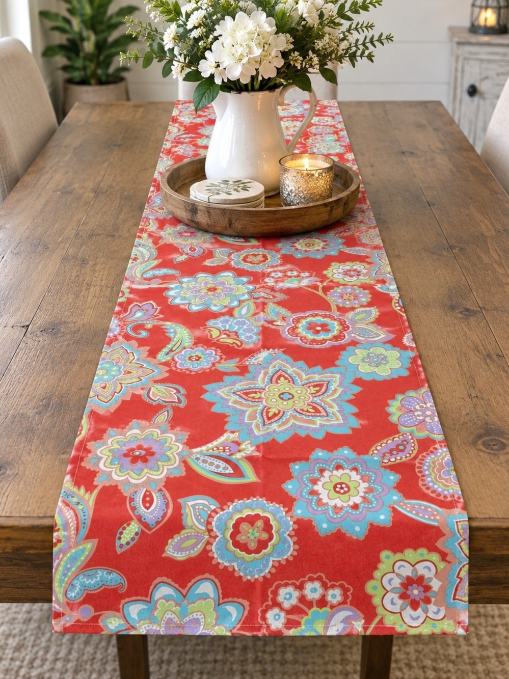 Vibrant Red Floral Cotton Table Runner - Home Dining Boho Party Decor
